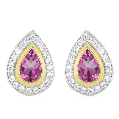 BUY 14K GOLD REAL PINK TOPAZ WITH WHITE DIAMOND GEMSTONE EARRINGS